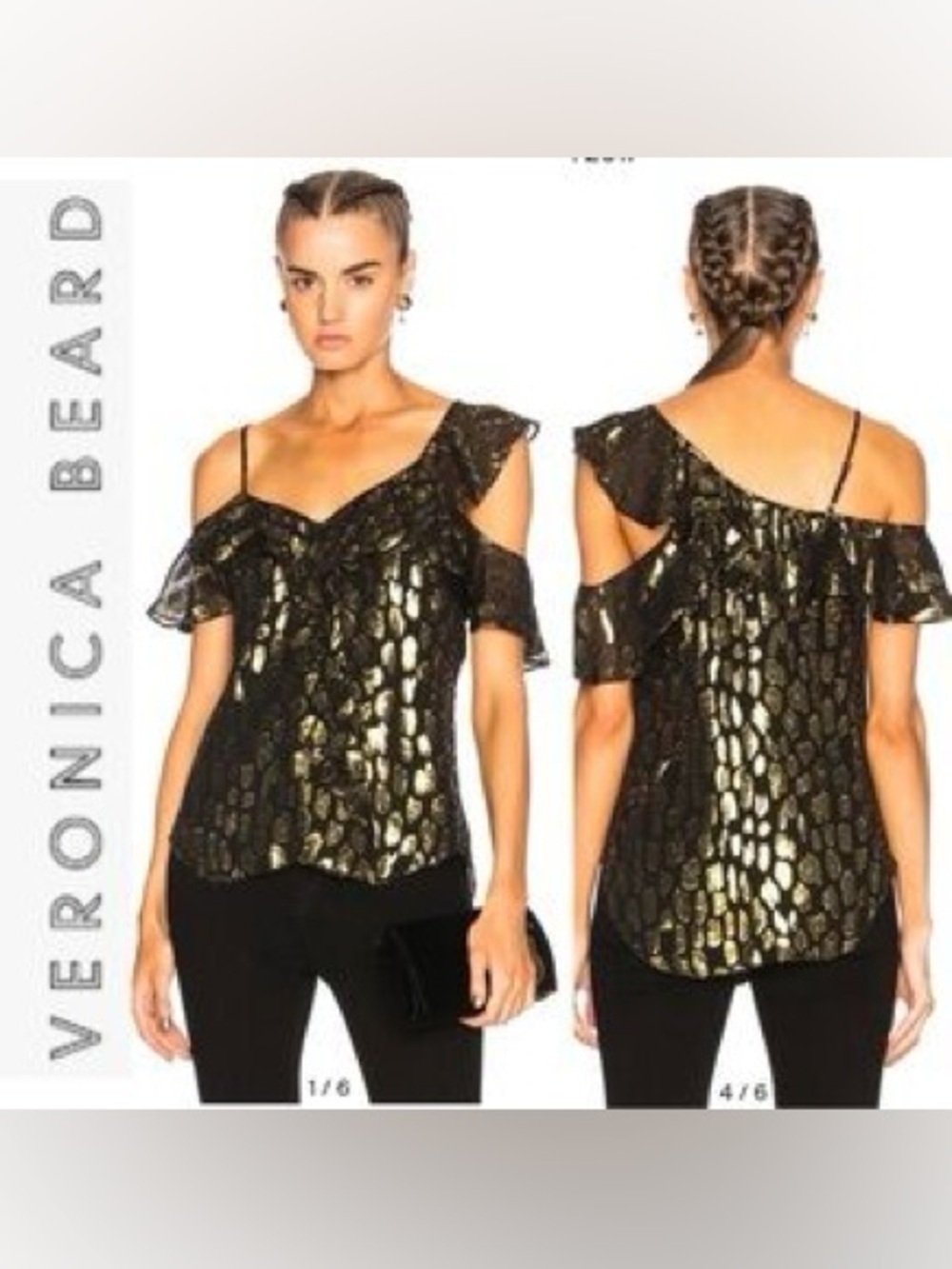 Veronica Beard Black & Gold Benton Cold Shoulder Silk Metallic Top